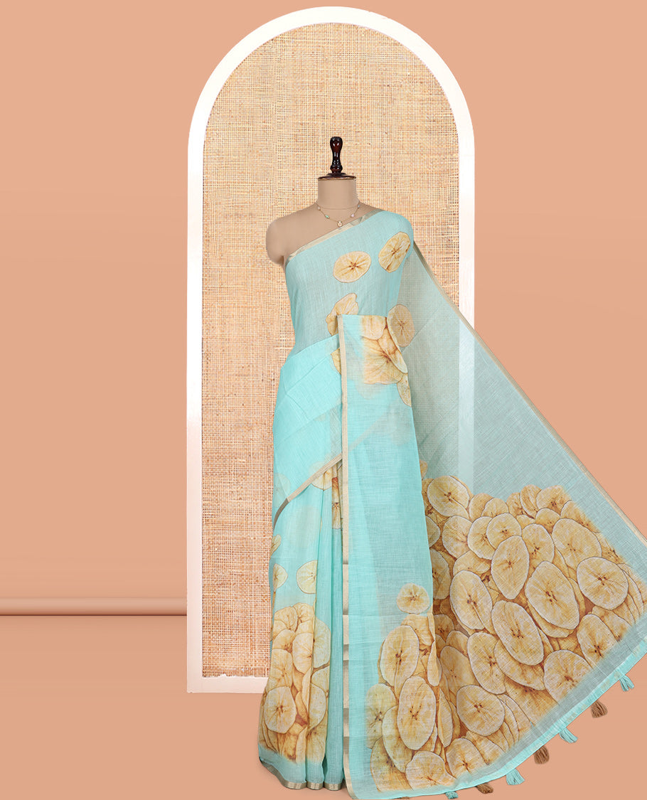 Borderless Sea Green Nentharanga Chips Printed Chanderi Cotton Saree, a Piping Border, Matching Blouse