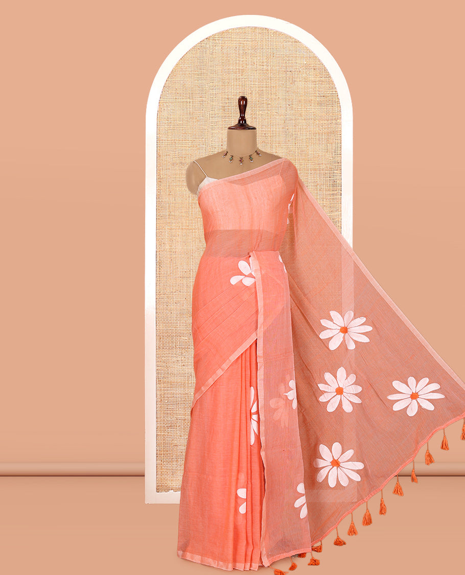 Borderless Orange Daisy Flower Printed Khadi Mul Cotton Saree Without Blouse