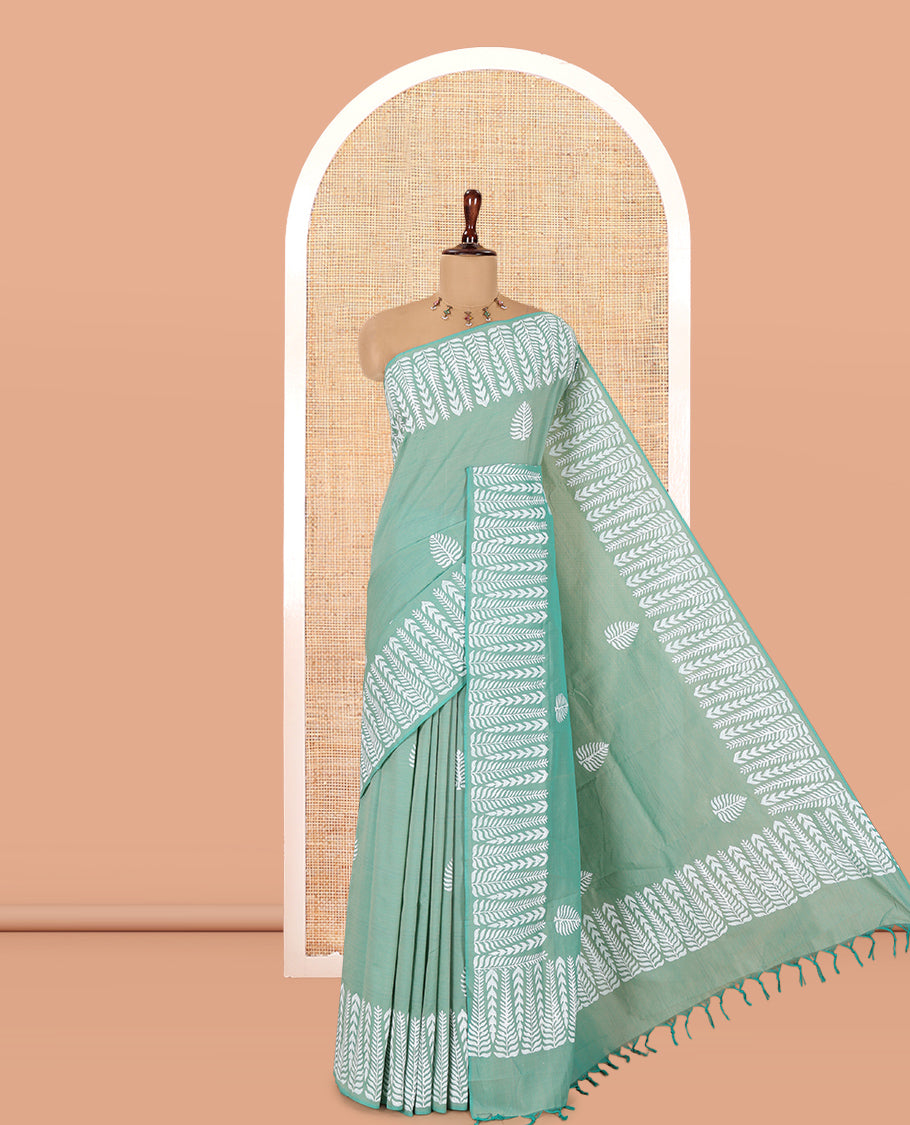 Green South Cotton Saree Features Tree Block-Print, a Bold Block-Printed Border, and a Contrast Blouse