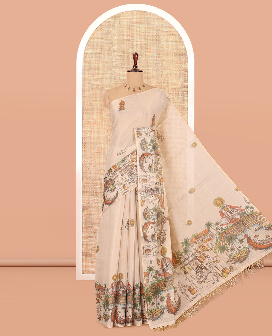 Gold Tissue Saree Features Kerala Culture Print, a Zari Border, Kerala Culture Pallu, and Matching Blouse