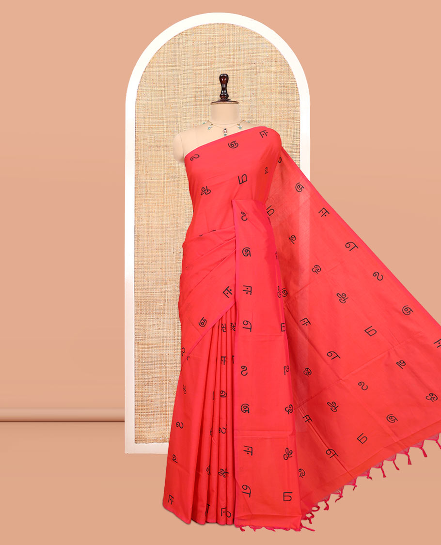 Borderless Red South Cotton Saree, Steeped with Tamil Letters Print, Has a Matching and Contrast Block Printed Blouse