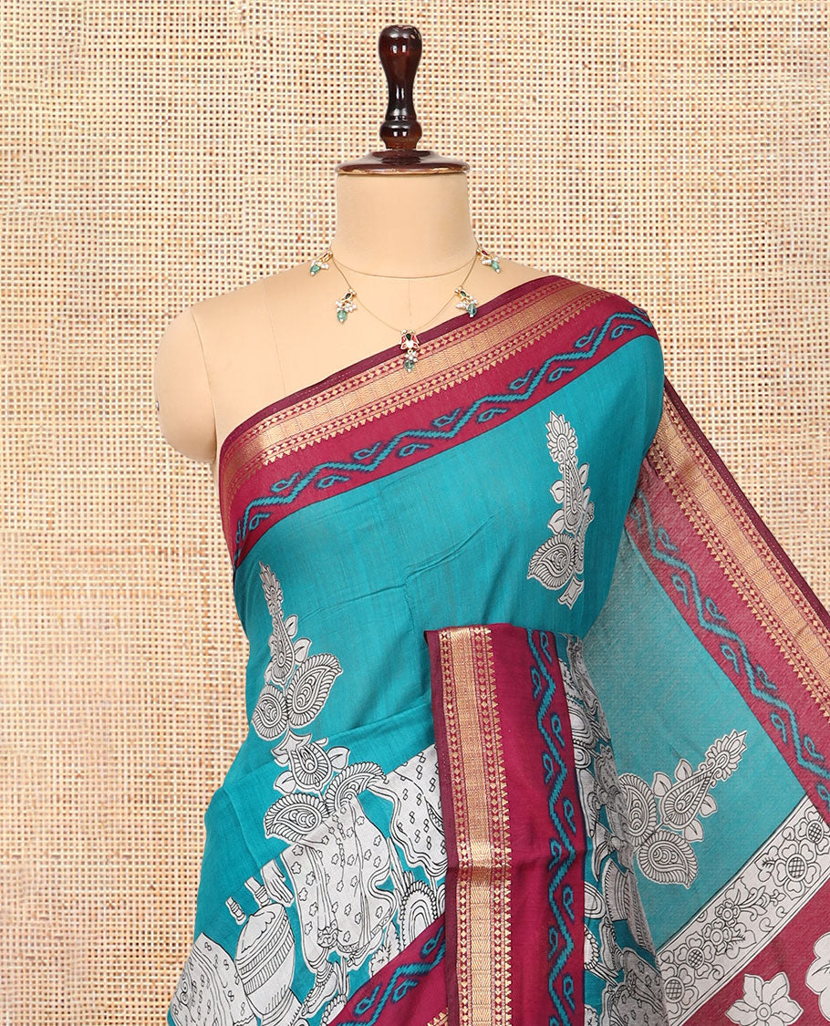 Rama Blue Chanderi Cotton Saree, Accentuated with Kalamkari Print, a Contrast Zari Border, Kalamkari Pallu, a Contrast Blouse