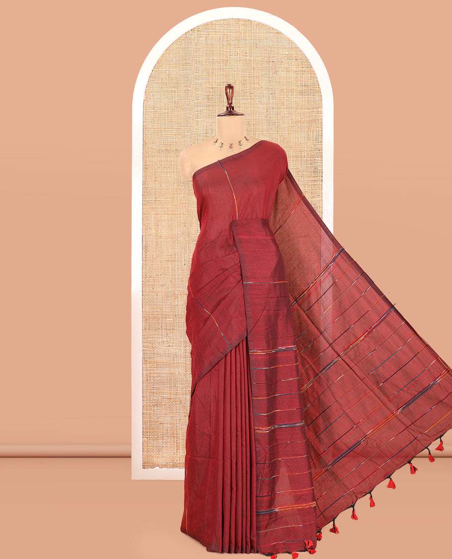 Borderless Maroon Khadi Mul Cotton, Subtly Woven with Multi-Color Stripes, a Self-Pallu and No Blouse