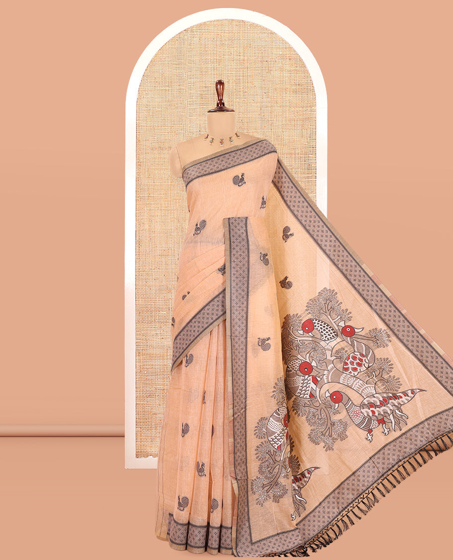 Peach Chanderi Cotton Saree, Woven with Peacock Thread Buttas, a Thread Diamond-Patterned Border, a Peacock Pallu, a Contrast Blouse