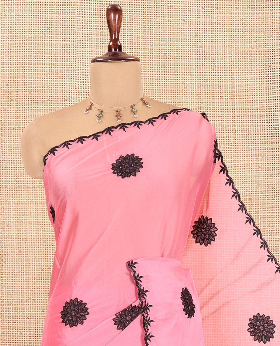 Pink Chiffon Saree, Gracefully Embellished with Floral Embroidery Buttas, a Lace Embroidered Border, a Contrast Blouse