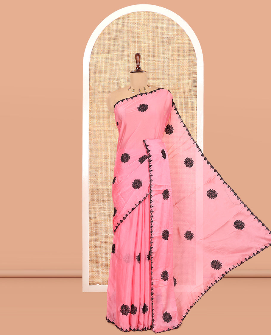 Pink Chiffon Saree, Gracefully Embellished with Floral Embroidery Buttas, a Lace Embroidered Border, a Contrast Blouse
