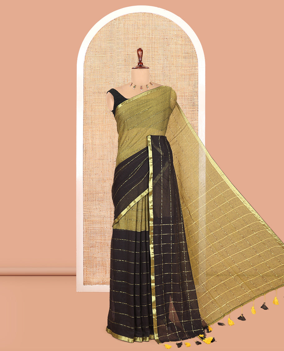 Mehendi-Black Khadi Mul Cotton Saree