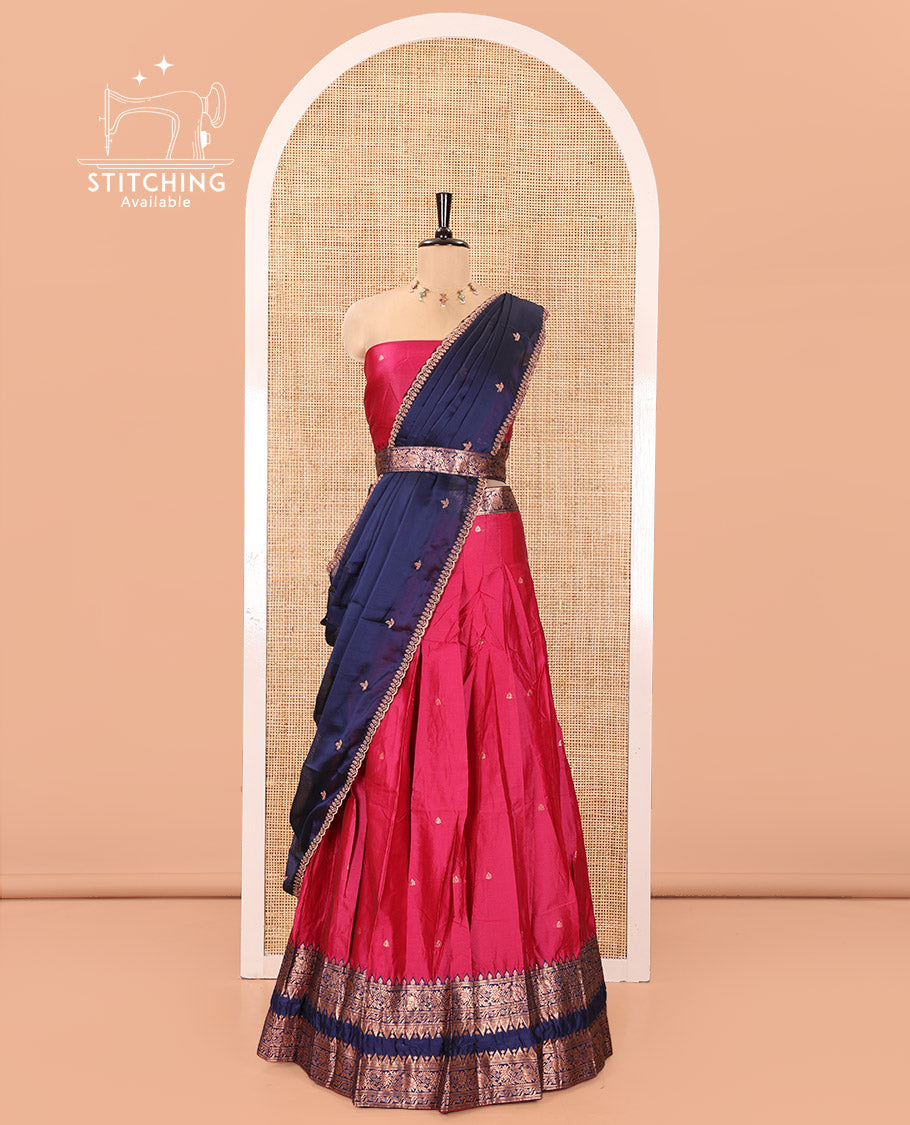 Pink and Blue Semi-Banarasi Half-Saree, Accentuated with Zari Buttas on Its Skirt, Complemented by a Contrast Rettai Pettu Traditional Zari-Design Border, Paired with a Matching Blouse, and Comes with a Contrast Satin Georgette Embroidered Dhavani
