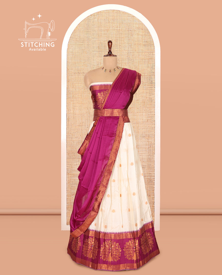 Cream-Dark Purple Semi-Silk Half-Saree