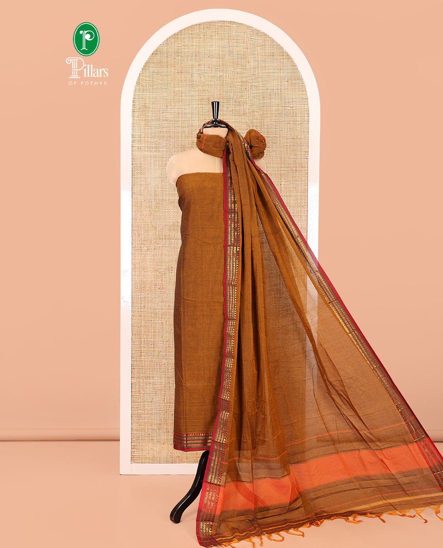 Mustard Mercerised Cotton Material Chudidar Set, Adorned with Rudraksham-Temple Bordered Top, a Mercerised Cotton Bottom, and Paired with a Matching Mercerised Cotton Rudraksham-Temple Bordered Dupatta
