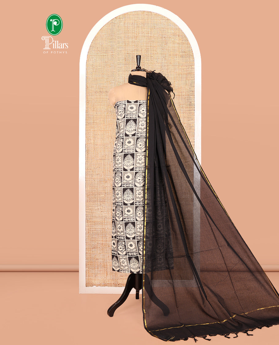 Chikku-Black Cotton Material Churidar Features Kalamkari Human Figurines Printed Top, Contrast Bottom, and Contrast Dupatta