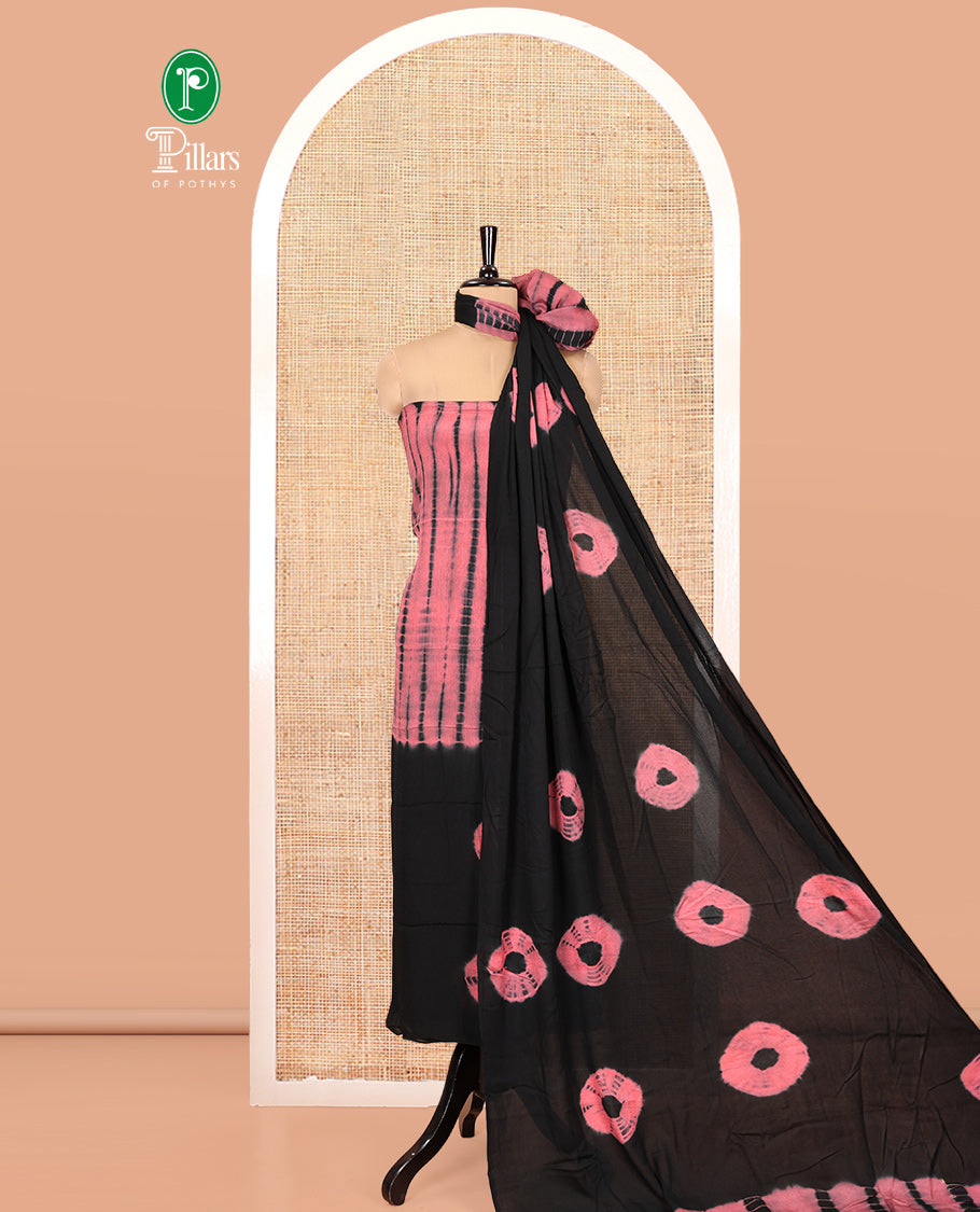 Black and Onion Pink Material Chudidar Set , Elevated with Shibori Printed Viscose Georgette Top, a Contrast Plain Bottom, Paired with Shibori Printed Dupatta