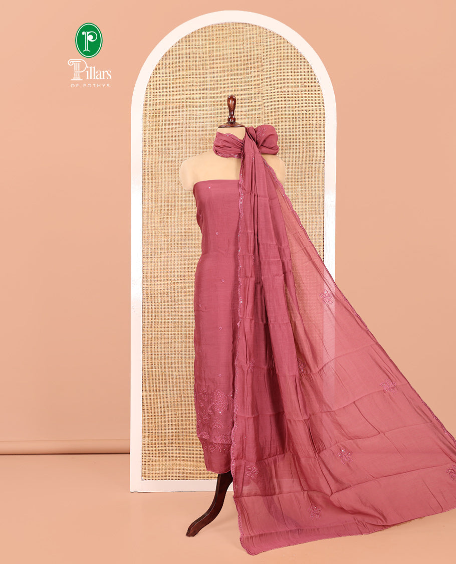 Onion Pink Mul Chanderi Material Chudidar Set, Floral Embroidered Top, Plain Santoon Bottom, and Scallop Embroidered Dupatta