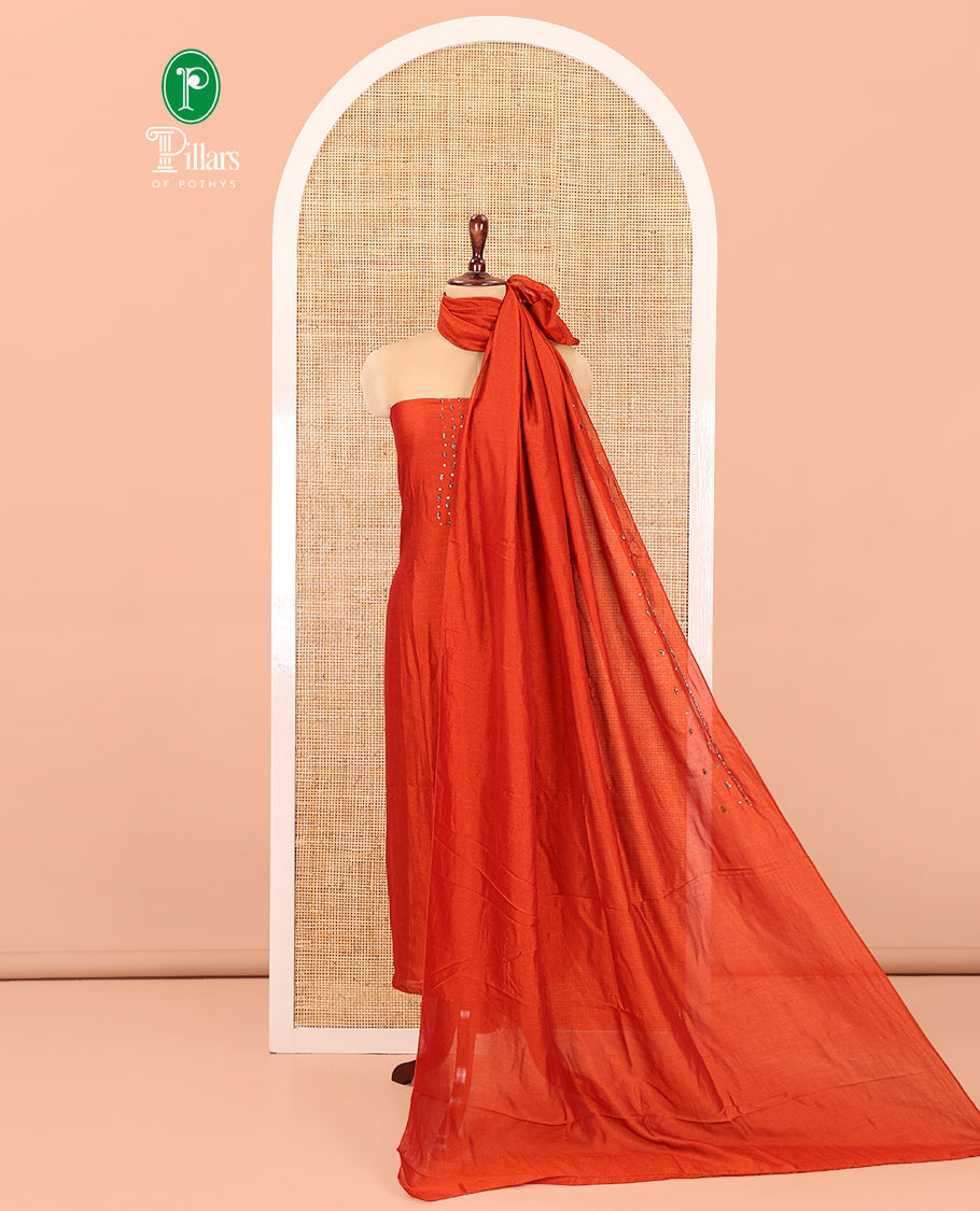 Rust Vichitra Silk Material Chudidar Set Showcasing a Bead-Sequin Embroidered Top, a Santoon Bottom, and an Embroidered Dupatta
