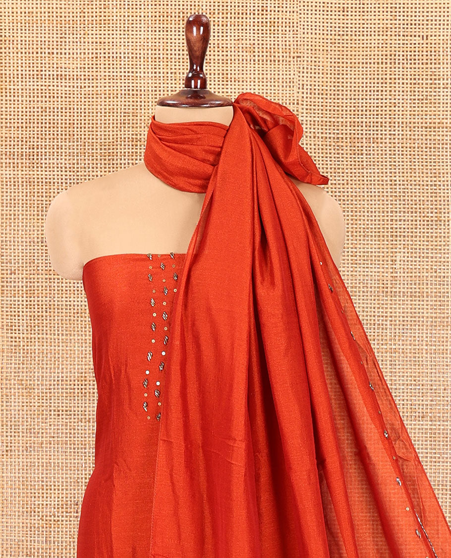 Rust Vichitra Silk Material Chudidar Set Showcasing a Bead-Sequin Embroidered Top, a Santoon Bottom, and an Embroidered Dupatta