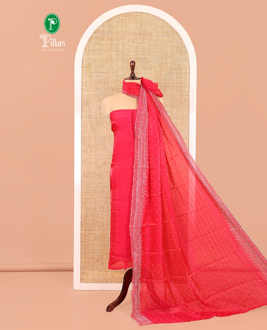 Chilly Red Fendi Organza Material Chudidar Fetaures Pom-Pom-Neckline Top, Plain Bottom, and Scallop Embroidered Dupatta
