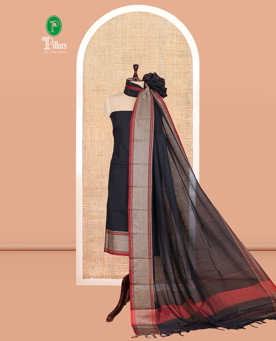 Black Mercerised Cotton Material Churidar Features Plain Top, Contrast Traditional Thread Border, Plain Bottom, Matching Dupatta