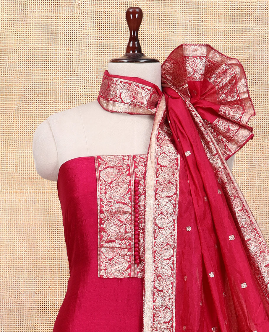 Rani Pink Material Churidar Set Features Gold Zari Neck Work Top, a Plain Santoon Bottom, a Banarasi Dupatta