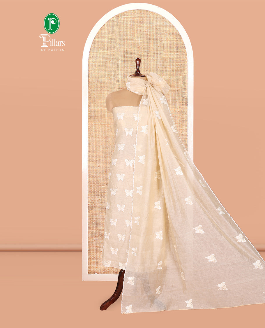 Chikku Chanderi Chanderi Material Chudidar, Butterfly Embroidery Top, Matching Blouse, Scallop Dupatta