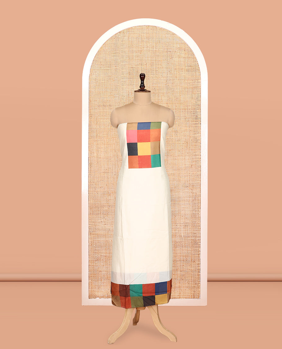 Cream Semi-Silk Material Churidar, Ornamented with Multi-Color Checked Top, a Plain Bottom, a Checked Bordered Plain Dupatta