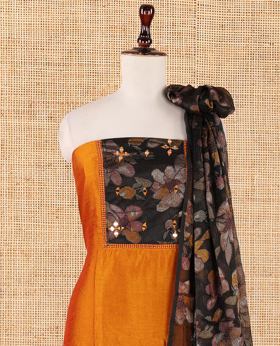 Mango yellow material chudidar set,brasso floral print & mirror neck embroidery vichitra silk top,santoon bottom & floral print georgette dupatta
