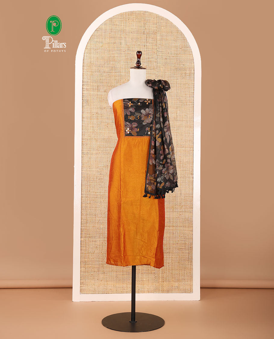 Mango yellow material chudidar set,brasso floral print & mirror neck embroidery vichitra silk top,santoon bottom & floral print georgette dupatta