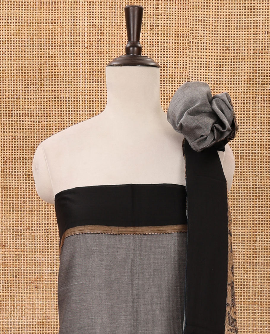 Ash grey mercerised cotton material chudidar set, Madhubani-style bride-groom motif woven top, bottom & dupatta
