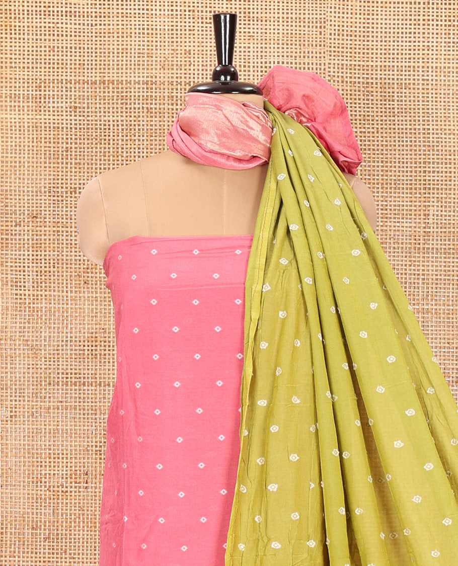 Pink and Light Green Semi-Silk Material Churidar Set, Beautified with Bandhani Dots Print, Comes with a Plain Santoon Bottom, and Paired with a Double-Colored Dupatta of Bandhani Dots Print