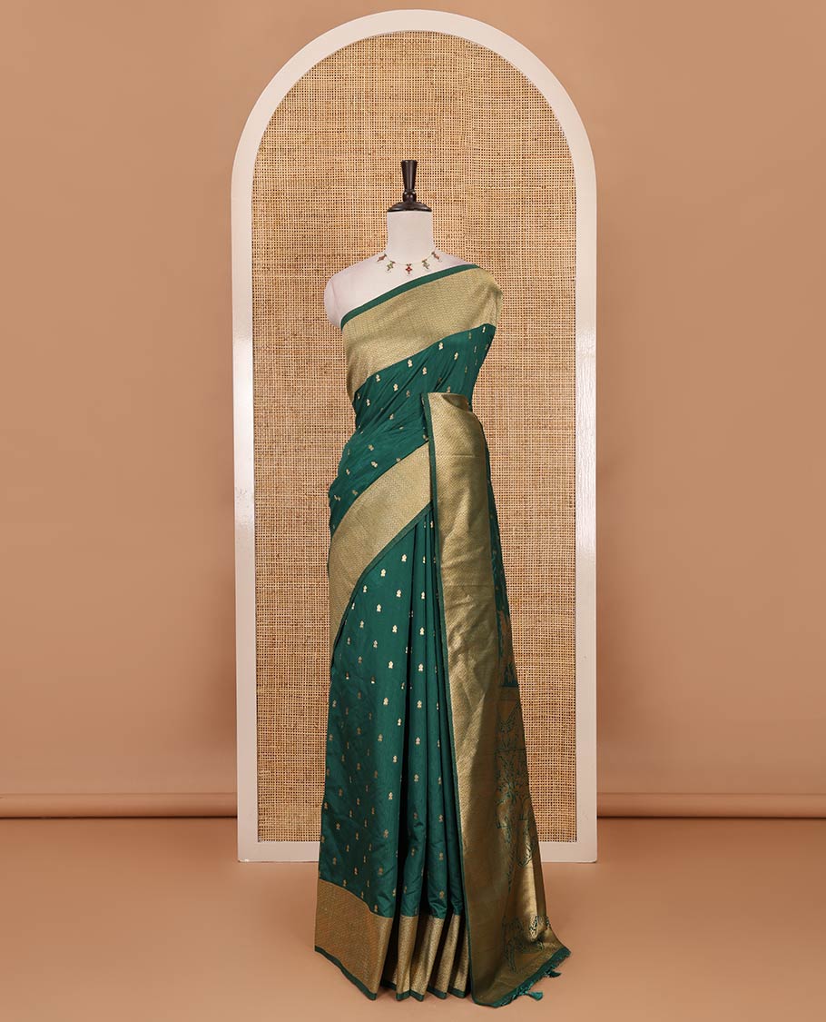 Forest green zari buttas dola silk saree, vanki zari border, checked blouse & pallu of iruthalai pakshi, kuthirai, kili & yaanai designs
