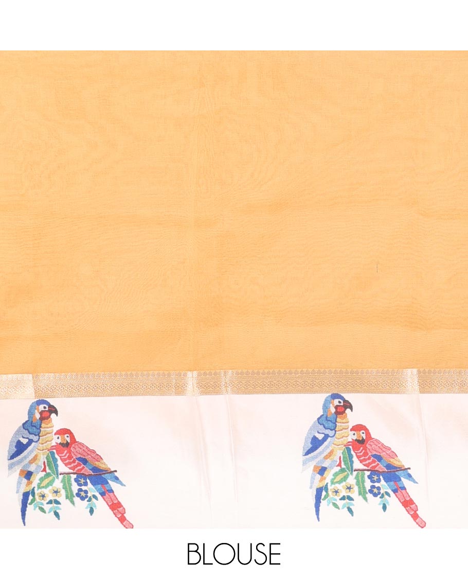 Mustard zari buttas fancy organza saree, contrast satin with small zari border of macaw parrot motifs digital print, zari pallu, and a running blouse