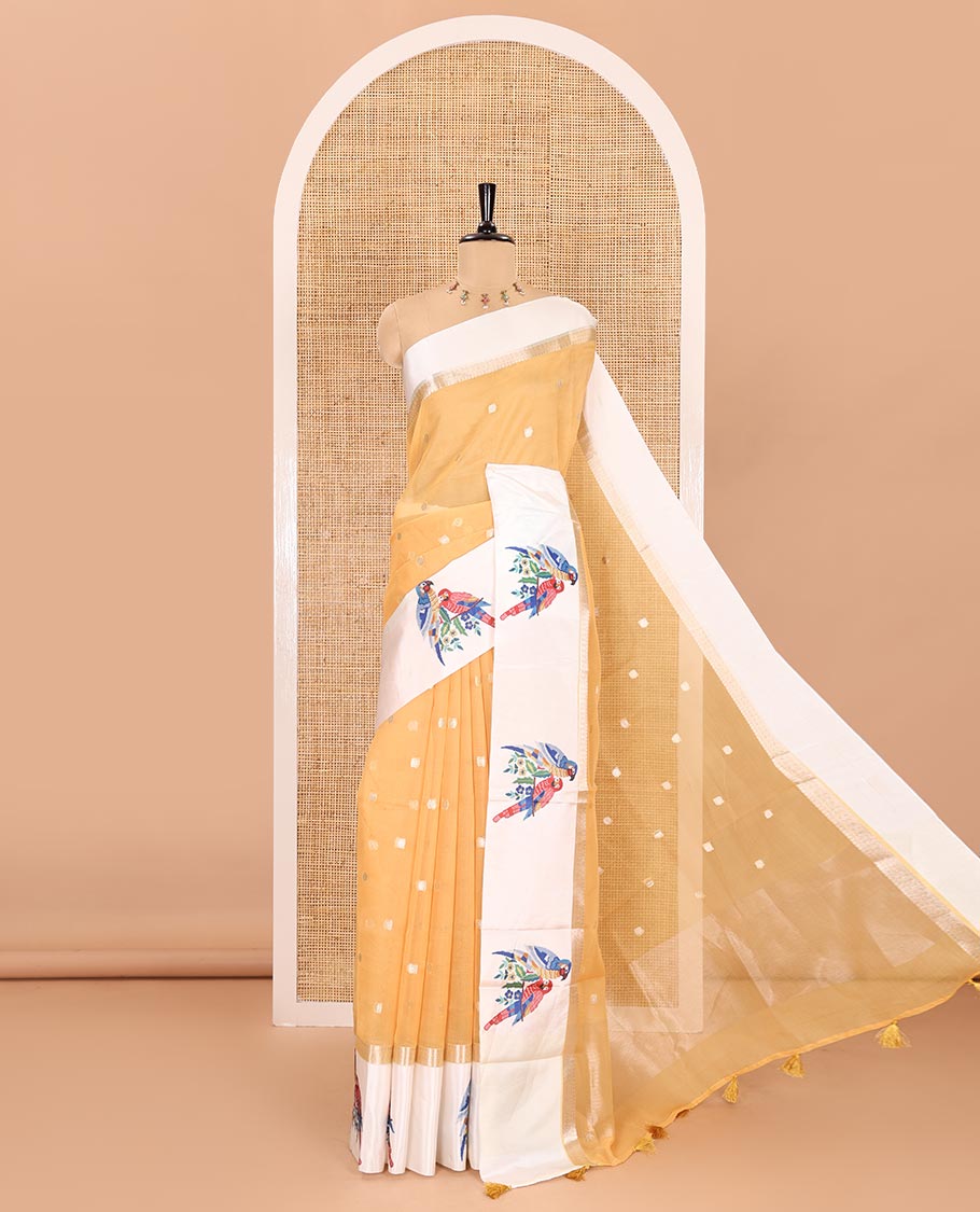 Mustard zari buttas fancy organza saree, contrast satin with small zari border of macaw parrot motifs digital print, zari pallu, and a running blouse