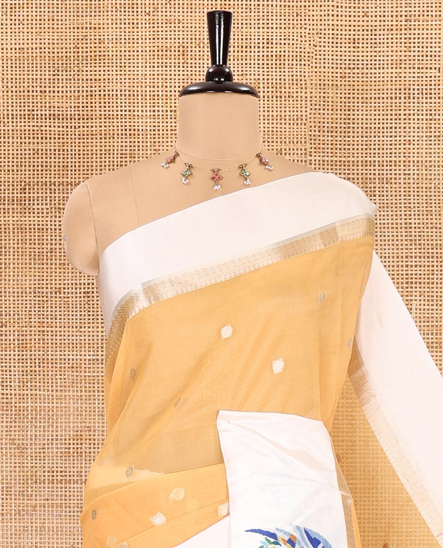 Mustard zari buttas fancy organza saree, contrast satin with small zari border of macaw parrot motifs digital print, zari pallu, and a running blouse