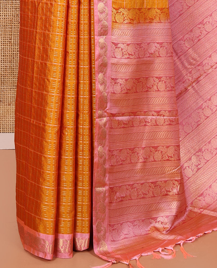 Orange Kanchipuram Budget Silk Saree, Gleamed Up with Zari Checks All Over Its Body, Complemented by a Contrast Floral Creeper Design Zari Border, Pallu Steeped with Floral Designs, and Paired with a Contrast Blouse