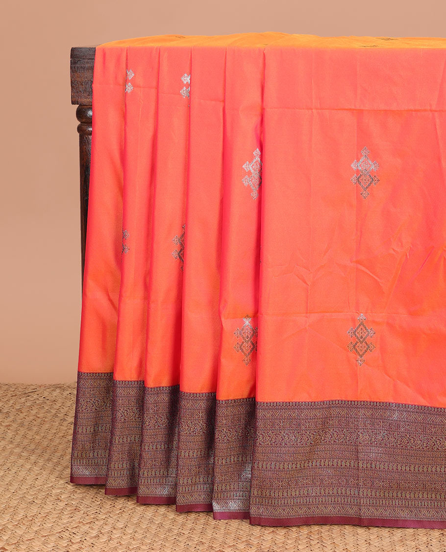 Orange semi soft silk saree with mango border & grand pallu along with plain blouse
