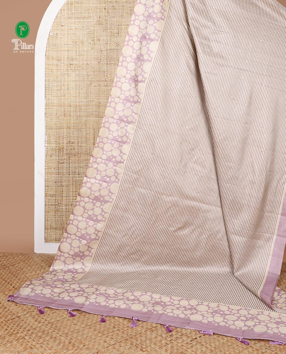 Chikku color with lavender stripes, block print fancy tussar silk saree with polka dot border & polka dot printed pallu along with printed blouse