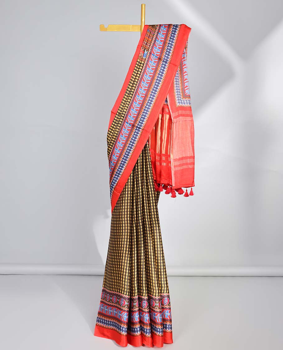 Multi color checked design semi-banaras printed saree with contrast geometric border & animal, geometric design pallu