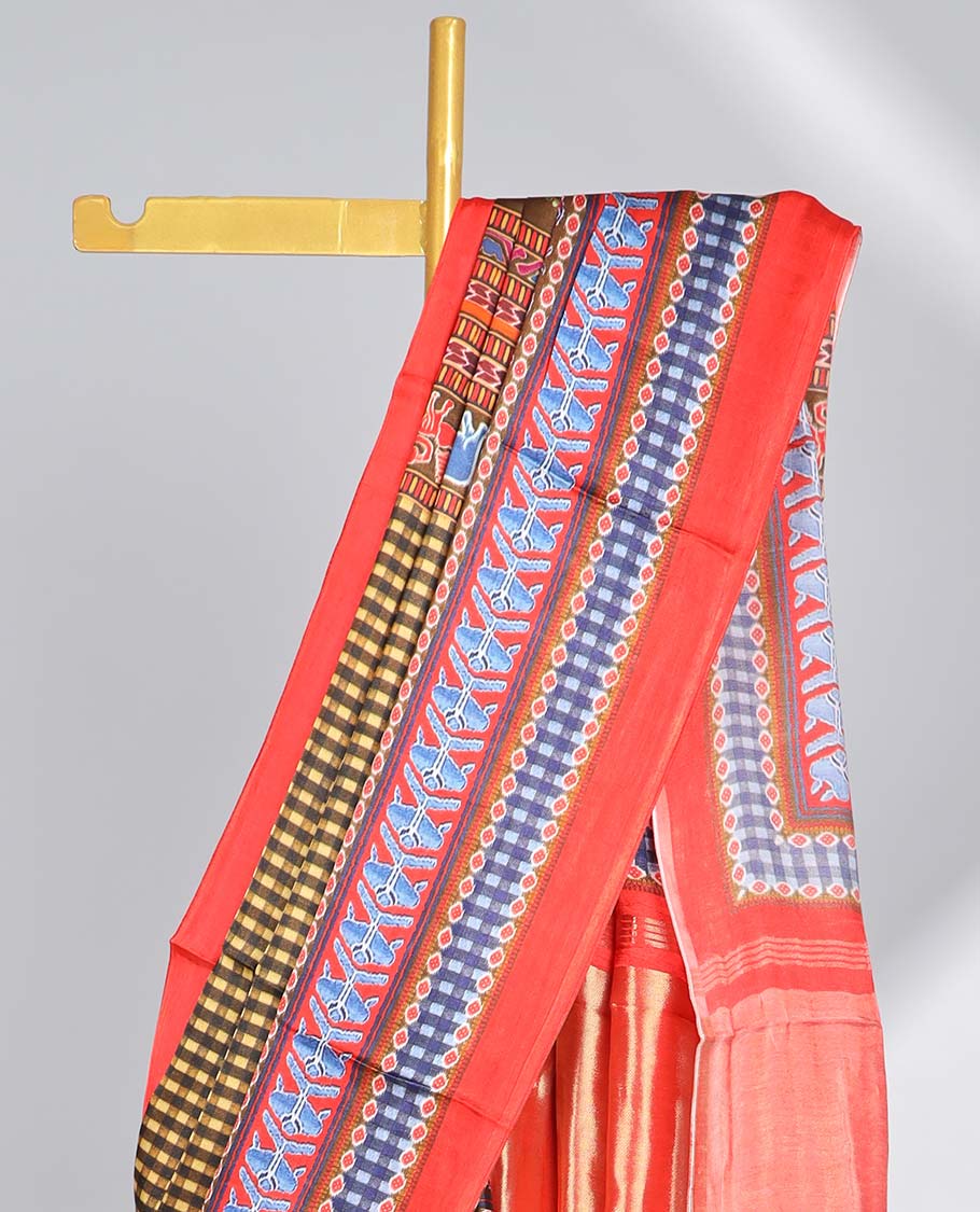Multi color checked design semi-banaras printed saree with contrast geometric border & animal, geometric design pallu