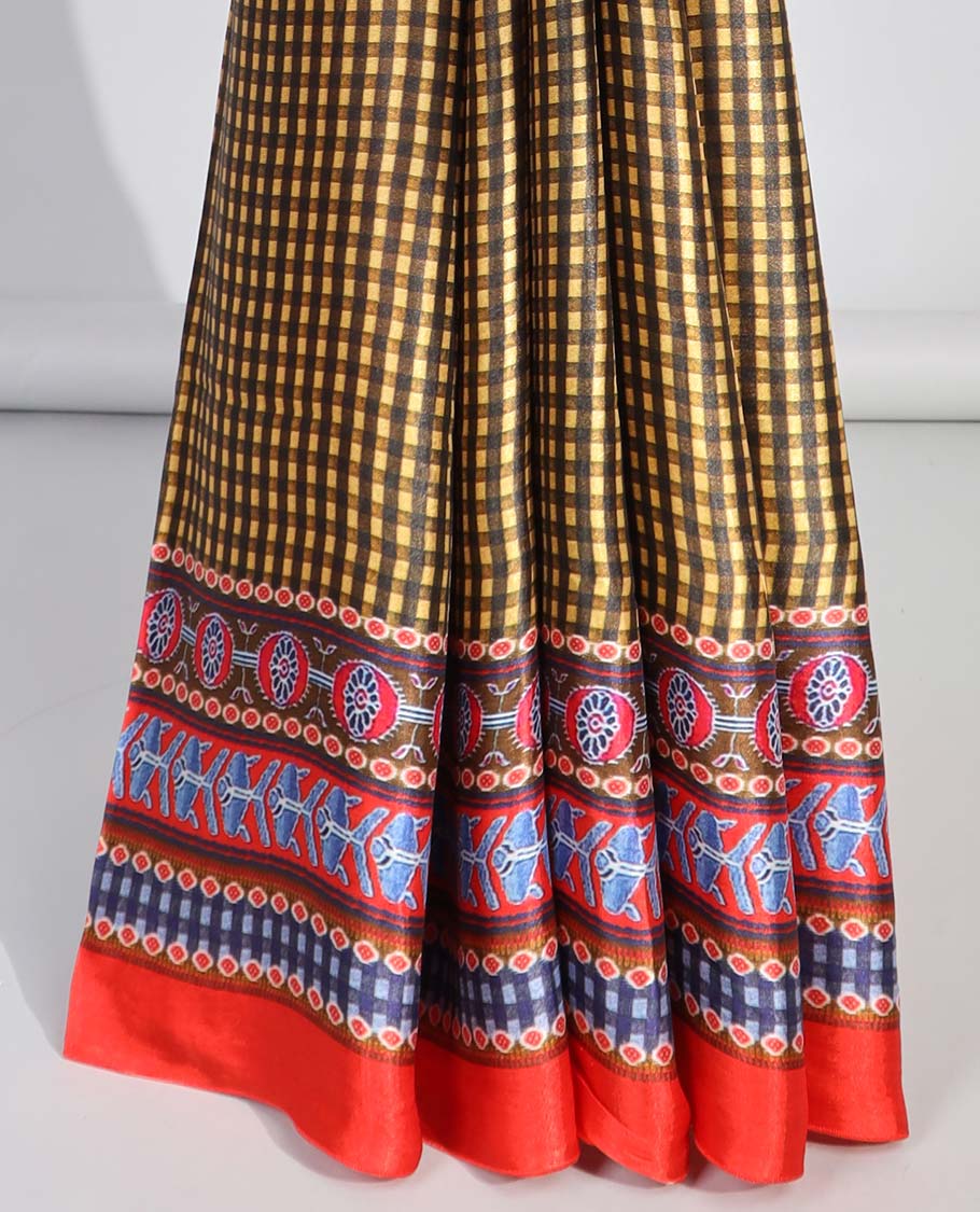 Multi color checked design semi-banaras printed saree with contrast geometric border & animal, geometric design pallu