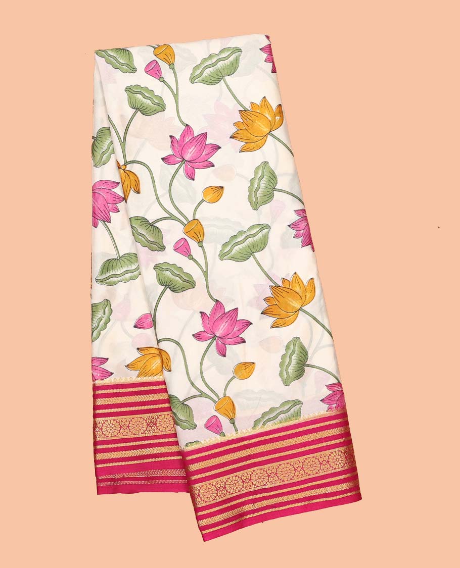 Cream pichwai-style floral vine printed semi-banaras printed saree, contrast traditional design border & striped pallu