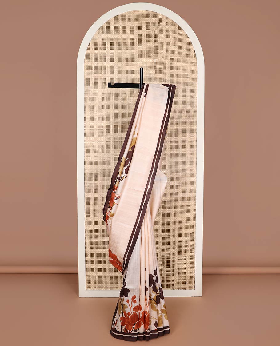 Cream floral printed silk saree with contrast border