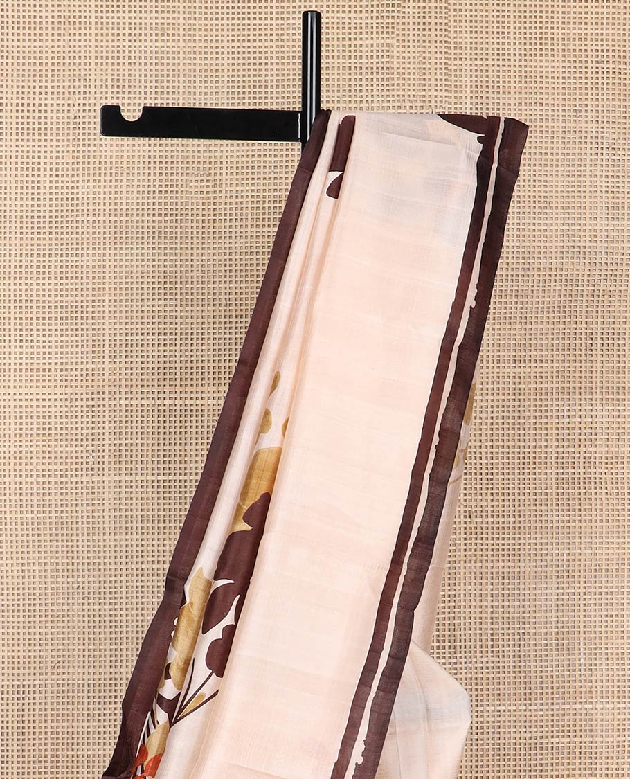 Cream floral printed silk saree with contrast border