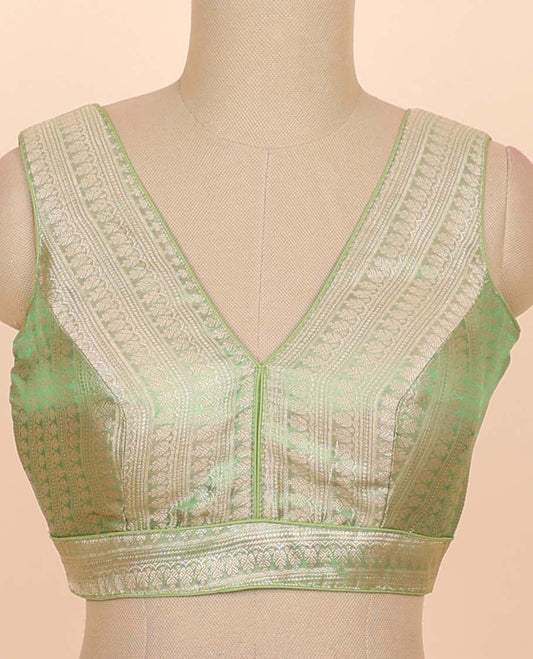 Light green floral zari design front & back deep v-neck raw-silk readymade sleeveless blouse