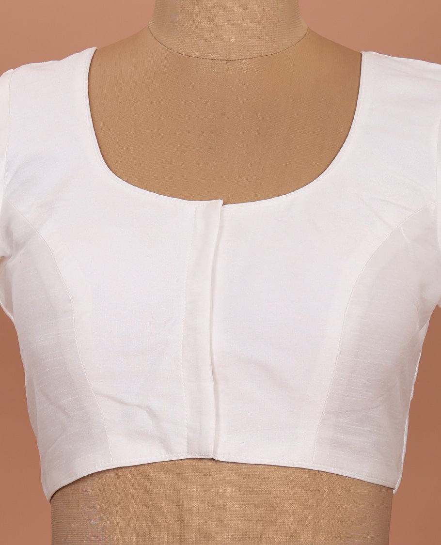 White plain front-back round neck elbow-sleeve readymade blouse