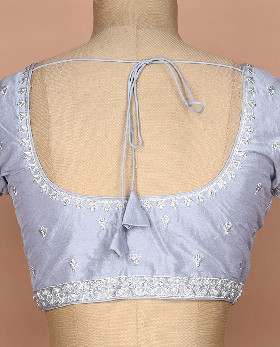 Grey thread embroidered round neck elbow sleeve raw silk readymade blouse