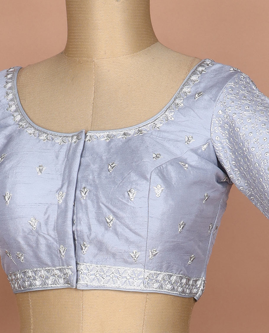 Grey thread embroidered round neck elbow sleeve raw silk readymade blouse