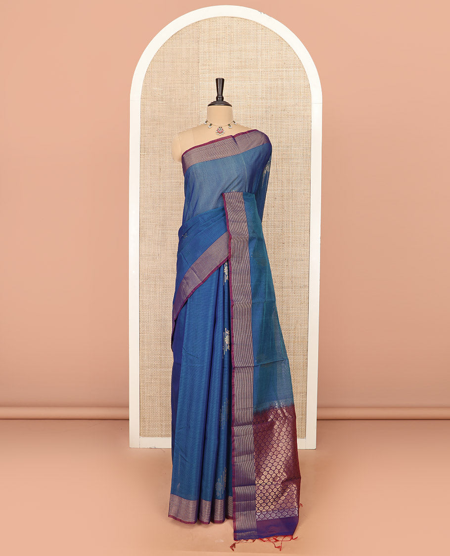 Blue Silk Cotton Saree Woven with Floral Buttas All Over the Body, Complemented by a Contrast Zari Striped Border, Featuring a Pallu of Jaal Designs, and Paired with a Contrast Blouse