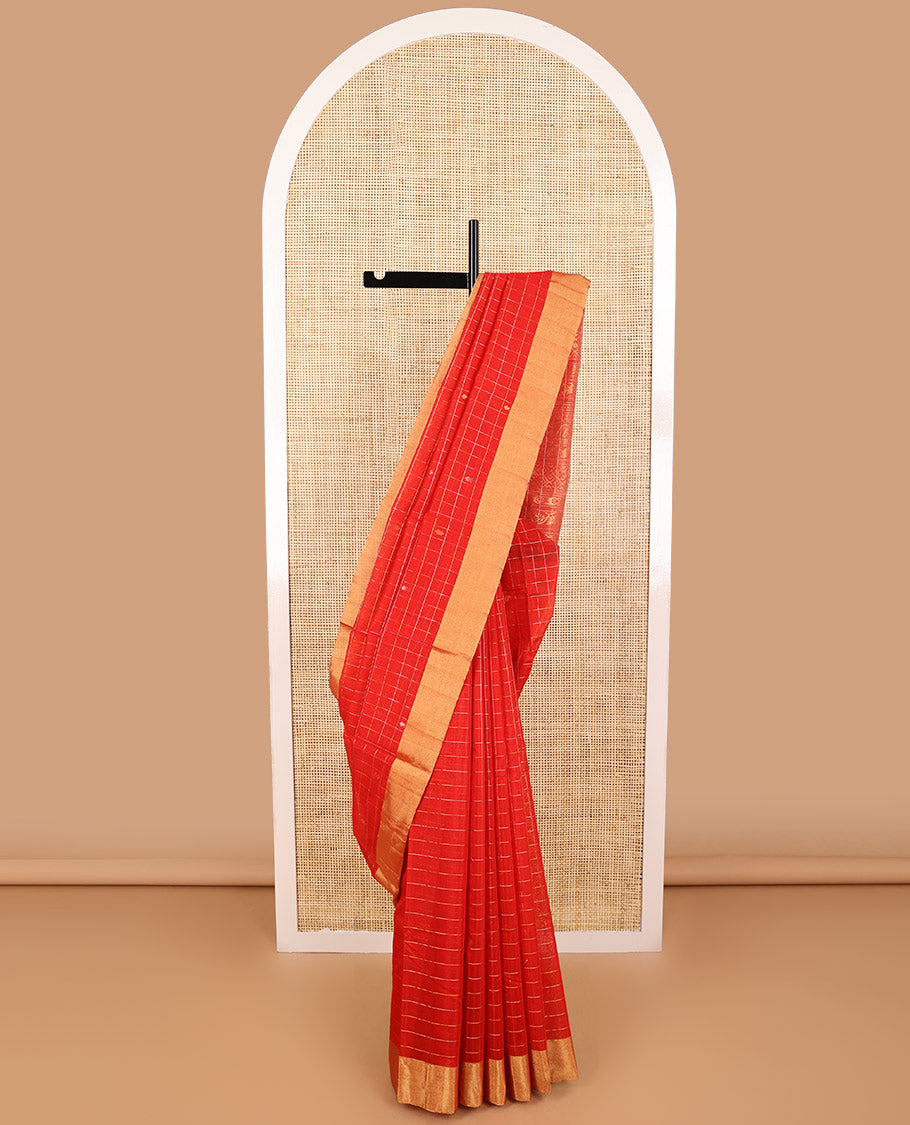 Red checked, floral motifs silk cotton saree with self zari border & floral design pallu