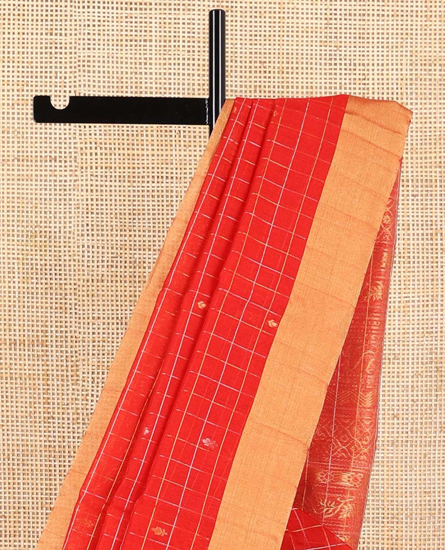 Red checked, floral motifs silk cotton saree with self zari border & floral design pallu