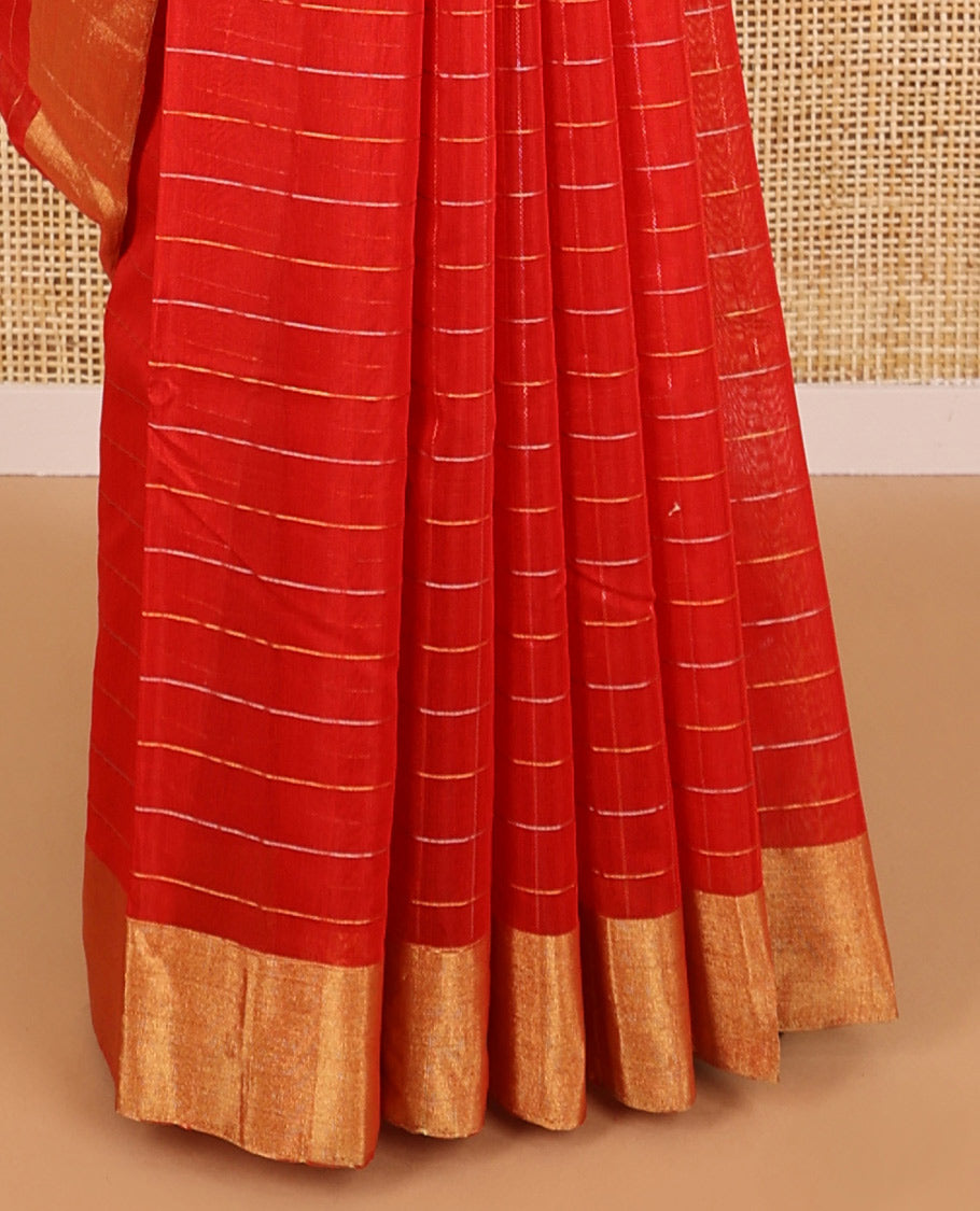 Red checked, floral motifs silk cotton saree with self zari border & floral design pallu