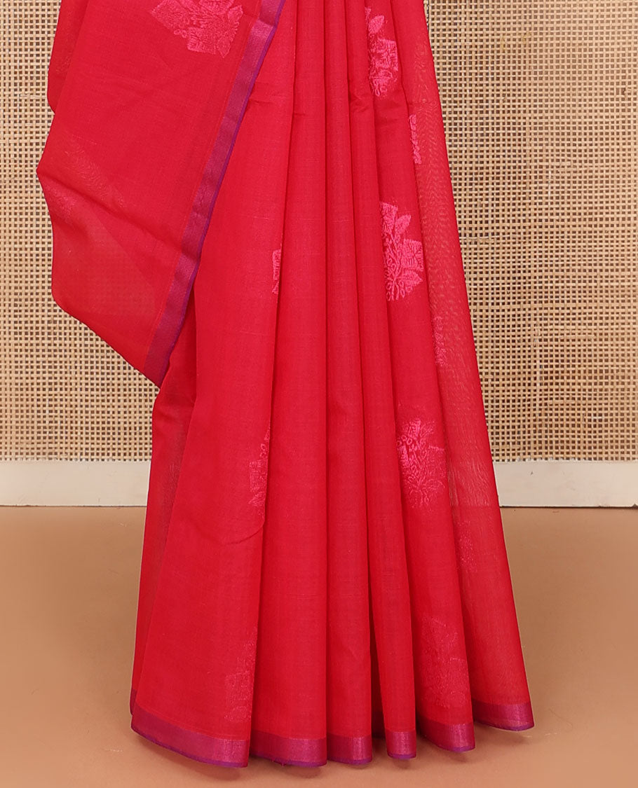 Borderless rose copper zari buttas silk cotton saree, piping zari border, and contrast pallu of intricate designs
